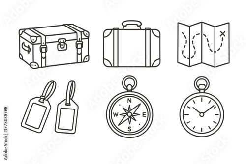 Vintage Travel Icons. Line style icons of Vintage Travel Accessories: travel trunk, leather suitcase, compass, folding map, travel