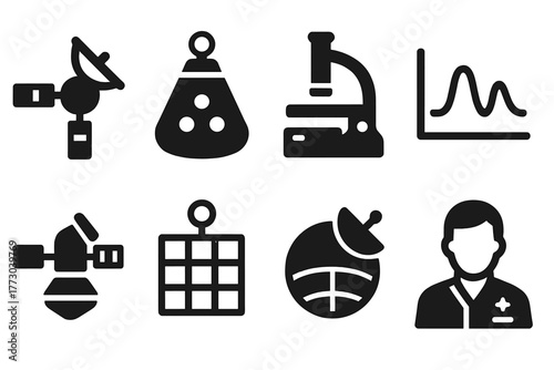 Astrobiology Tools Icons. Solid style icons of astrobiology tools: Space Probe Icon, Sample Return Capsule, Microscopic Scanner,