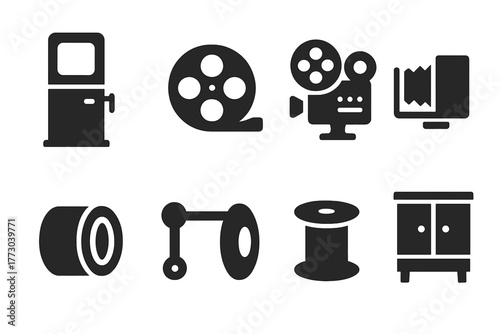 Early Cinema Devices Icons. Solid style icons of Early Cinema Devices: Kinetoscope, Film Reel, Projector, Bellows, Lens, Crank,
