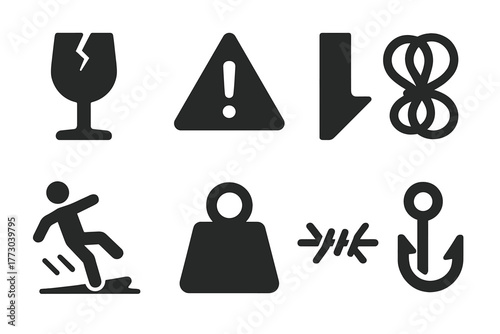 Magnet Fishing Hazards Icons. Solid style icons of magnet fishing hazards: Broken Glass, Sharp Edge, Tangled Rope, Slippery