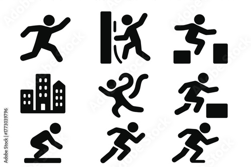 Parkour Movement Icons. Solid style icons of Extreme Movement Training: Parkour, Wall Run, Precision Jump, Urban Environment, Flow
