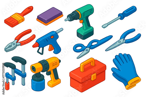 Upcycling Tool Icons. Isometric vector illustration set Upcycling Project Tools Icons: paintbrush, sanding block, drill,