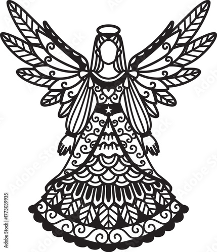 Zentangle Christmas Angel Line Art for laser cut, coloring, lace pattern and so on. Vector Illustration