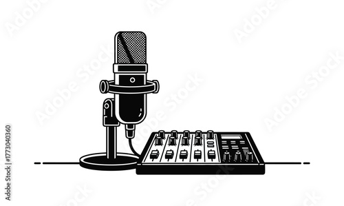 A professional microphone sits next to a mixing board for audio recording.