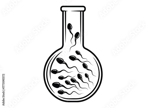 Spermatozoa swimming inside a laboratory flask, illustrating a science concept.