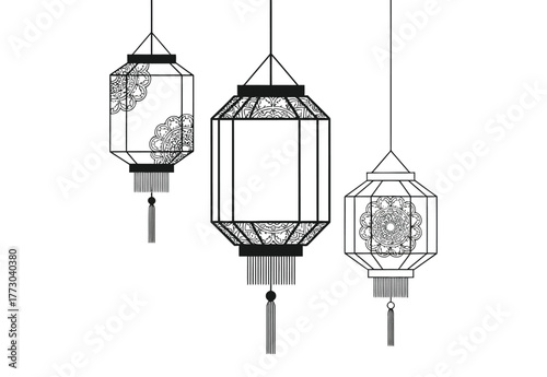 Three decorative lanterns hang suspended against a white background, showcasing intricate designs.