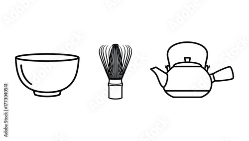 Traditional matcha tea set including a bowl, whisk, and teapot.