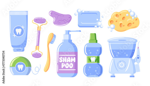 Vector set of morning morning self-care routine items including toothpaste tube, toothbrush, dental floss, mouthwash, oral irrigator, washcloth, soap and shampoo. gua sha scraper and roller