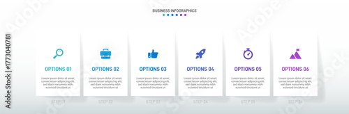 Progress bar featuring 6 arrow-shaped elements, symbolizing the six stages of business strategy and progression. Clean timeline infographic design template. Vector for mobile presentation.