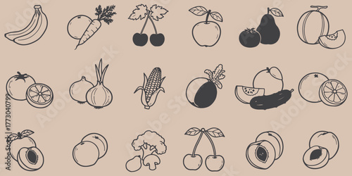 Illustration of various fruits and vegetables in a simple line drawing style on a beige background