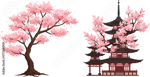 Beautiful cherry blossom tree and traditional Japanese pagoda illustration, spring season art, sakura flowers, Asian temple architecture design, cultural landscape
