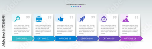 Progress bar featuring 6 arrow-shaped elements, symbolizing the six stages of business strategy and progression. Clean timeline infographic design template. Vector for mobile presentation.