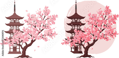 Japanese pagoda temple with cherry blossom trees in spring season, sakura flower illustration, traditional Asian architecture, cultural landscape art design