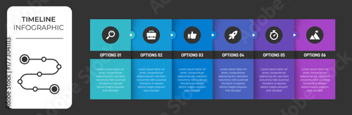 Progress bar featuring 6 arrow-shaped elements, symbolizing the six stages of business strategy and progression. Clean timeline infographic design template. Vector for mobile presentation.