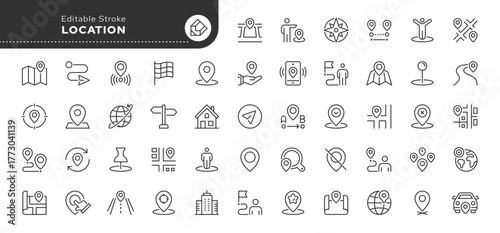 Location line icon set. Navigation, geolocation, map, map pin, gps, path, route, distance, destination, directions, street, road, position and more. Outline icon in linear style. Vector collection.	