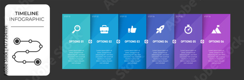 Progress bar featuring 6 arrow-shaped elements, symbolizing the six stages of business strategy and progression. Clean timeline infographic design template. Vector for mobile presentation.