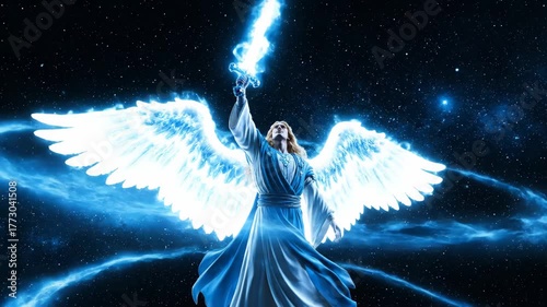 Archangel Michael raises his sword upward and charges it with energy. Theosophy and esotericism, for religious or fantasy video.