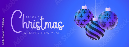 Christmas and New Year sport banner. Merry Christmas tech greeting card with xmas ball as a bauble on purple neon background. Vector illustration