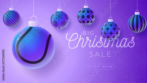 Tennis Christmas and New Year sport banner. Merry Christmas tech greeting card with xmas ball as a bauble on purple neon background. Vector illustration