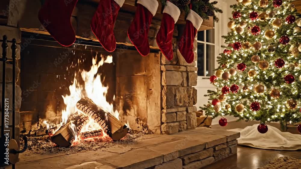 A cozy christmas scene with a roaring fireplace, stockings hanging above, and a beautifully decorated christmas tree, creating a warm and festive atmosphere