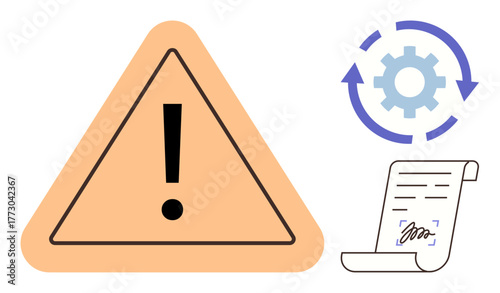 Exclamation mark in warning triangle, rotating gear, signed document. Ideal for warning, compliance, process automation, alerts, workflow system errors agreements. Simple flat metaphor