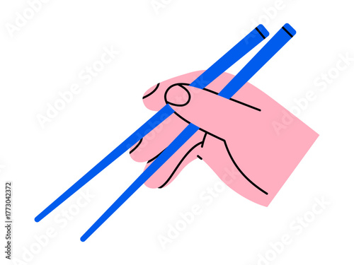 Hand drawn cute illustration of hand holding chopsticks. Flat vector traditional Asian food sticks in arm doodle. Wooden utensils for eating sticker, icon. Takeaway Chinese menu. Isolated.