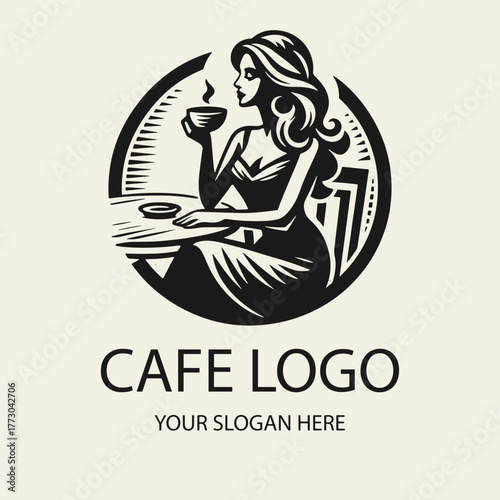 Black and white flat vector logo of a beautiful girl drinking coffee at a table, minimalist elegant outline design perfect for cafes, restaurants, branding, coffee shops and packaging.