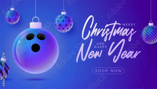 bowling Christmas and New Year sport banner. Merry Christmas tech greeting card with xmas ball as a bauble on purple neon background. Vector illustration