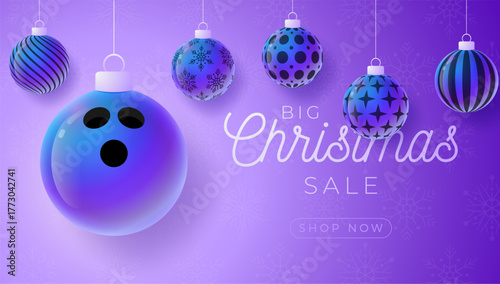 bowling Christmas and New Year sport banner. Merry Christmas tech greeting card with xmas ball as a bauble on purple neon background. Vector illustration