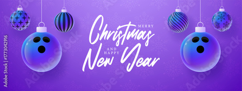 bowling Christmas and New Year sport banner. Merry Christmas tech greeting card with xmas ball as a bauble on purple neon background. Vector illustration