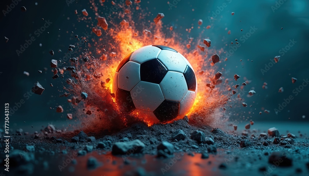 Fototapeta premium Soccer ball explodes with fire and debris flying outward. Intense action and energy is captured in this dynamic sports graphic. Dynamic event symbolizes game impact.