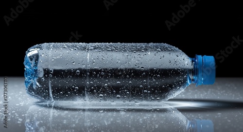 Wallpaper Mural A clear plastic water bottle covered in cold condensation sitting on a bright reflective surface. Essential source of clean hydration ,active ,fitness ,gymnasium Torontodigital.ca