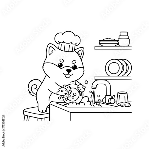 Cute and funny Shiba Inu wearing a tiny chef’s hat, looking helpful and a little mischievous while washing dishes. Simple line art coloring page for toddlers Generative AI