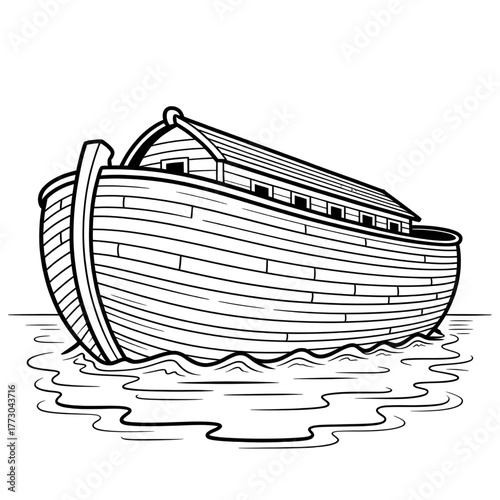 Noah’s Ark Wooden Boat Illustration Vector Line Drawing Coloring Page