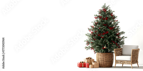 Christmas Tree with Red Gifts on White Background Copy Space