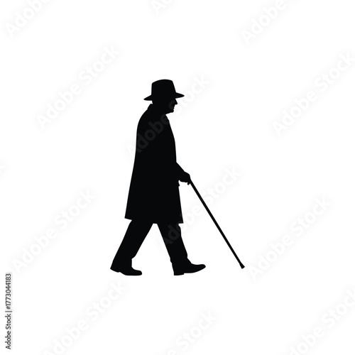 Elegant Silhouette of an Elderly Man Walking with a Cane