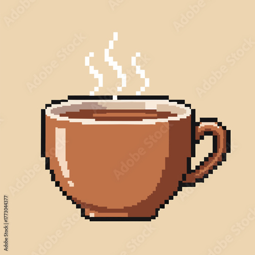 Steaming hot beverage in a pixel art style brown mug.