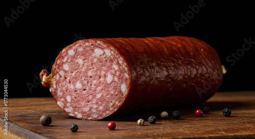 A close-up shot of a richly browned, flavorful smoked sausage, perfect for hearty meals and traditional cuisine. Appetizing ,smoked meat ,deli meat ,campfire