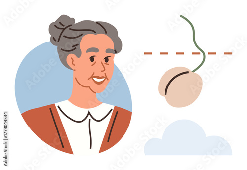 Elderly woman portrait paired with a sprouting seed breaking the ground. Ideal for wisdom, aging, growth, nurturing, sustainability, education, mentorship themes. Capturing a simple flat metaphor
