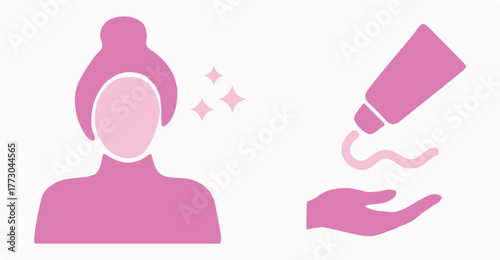 Skincare, beauty products, cosmetics, routine, women. Eye cream, treatments, facial serum, lotion, moisturizer, health, hygiene products, makeup, procedure, aesthetics. Set, vector, icon