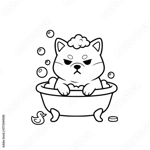 Cute Shiba Inu in a small bathtub surrounded by bubbles, looking adorably annoyed coloring book page for toddlers Generative AI