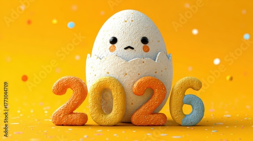 Cute cartoon chicken hatching from egg with colorful numbers 2026, bright playful composition and joyful new year theme.