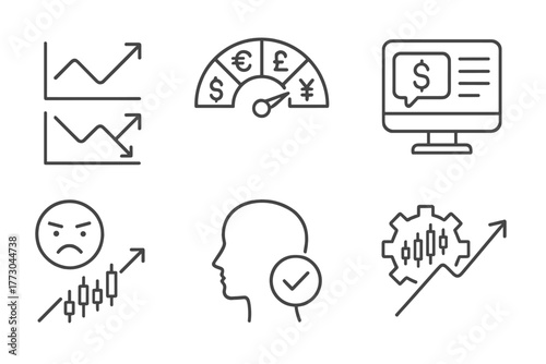 Forex Trading Icons. Line style icons of forex trading: economic divergence icon, currency strength meter, forex news ticker,