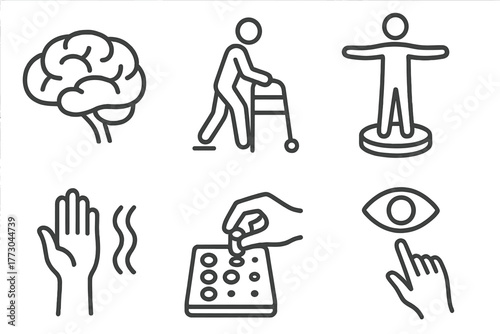 Neuro Physiotherapy Icons. Line style icons of neuro physiotherapy: brain illustration, gait training, balance aid, tremor control