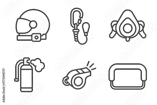 Zero-G Safety Icons. Line style icons of Safety Items for Zero-Gravity: helmet latch, emergency tether, oxygen mask, fire foam
