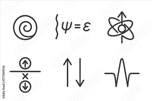 Particle Physics Icons. Line style icons of particle physics: spin-1/2 particle, Dirac equation, quantum spin, Pauli exclusion,