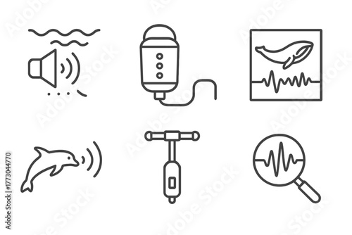 Marine Biology Icons. Line style icons of marine biology: bioacoustics icon, marine sound recorder, whale call graph, dolphin