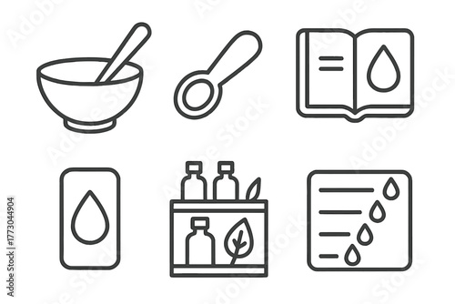 Aromatherapy Line Icons. Line style icons of homemade aromatherapy: mixing bowl, measuring spoon, oil recipe book, blend label,