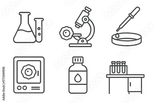 Stem Cell Research Icons. Line style icons of stem cell research: lab equipment, cell microscope, pipette and dish, incubator icon