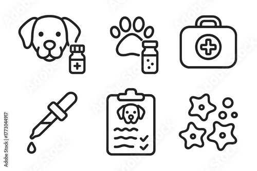 Pet Homeopathy Icons. Line style icons of homeopathy for pets: dog with remedy bottle, cat paw and vial, animal kit, dosing